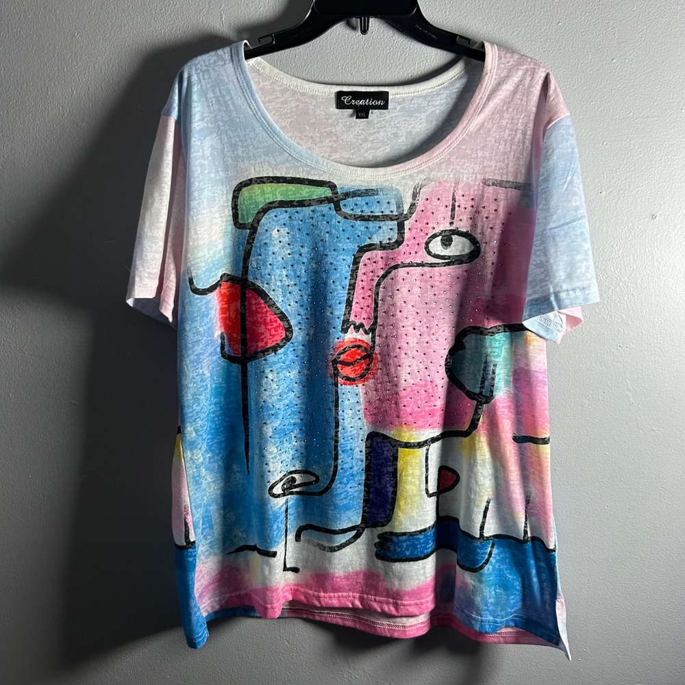 Picasso Inspired Woman's XXL Face Graphic T-Shirt Rhinestone Burnout